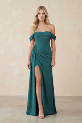 Off - the - Shoulder Corset Sheath Chiffon Bridesmaid Dress in Pine - KissProm Bridesmaid Dresses