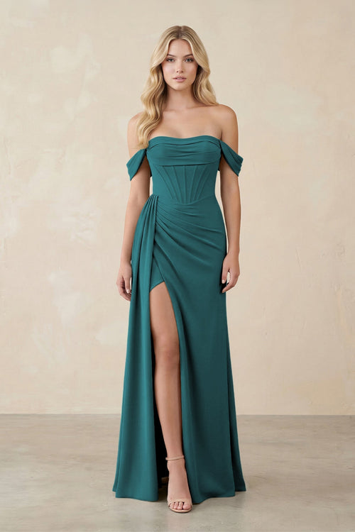 Off - the - Shoulder Corset Sheath Chiffon Bridesmaid Dress in Pine - KissProm Bridesmaid Dresses