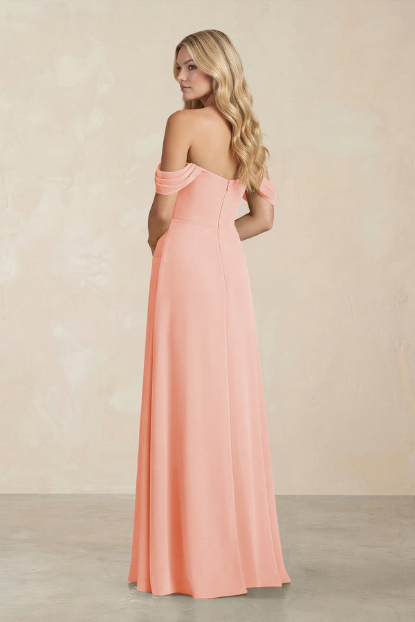 Off - the - Shoulder Corset Sheath Chiffon Bridesmaid Dress in Rose Petal - KissProm Bridesmaid Dresses