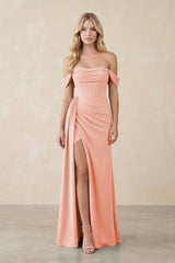 Off - the - Shoulder Corset Sheath Chiffon Bridesmaid Dress in Rose Petal - KissProm Bridesmaid Dresses