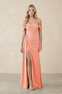 Off - the - Shoulder Corset Sheath Chiffon Bridesmaid Dress in Rosette - KissProm Bridesmaid Dresses