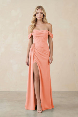Off - the - Shoulder Corset Sheath Chiffon Bridesmaid Dress in Rosette - KissProm Bridesmaid Dresses