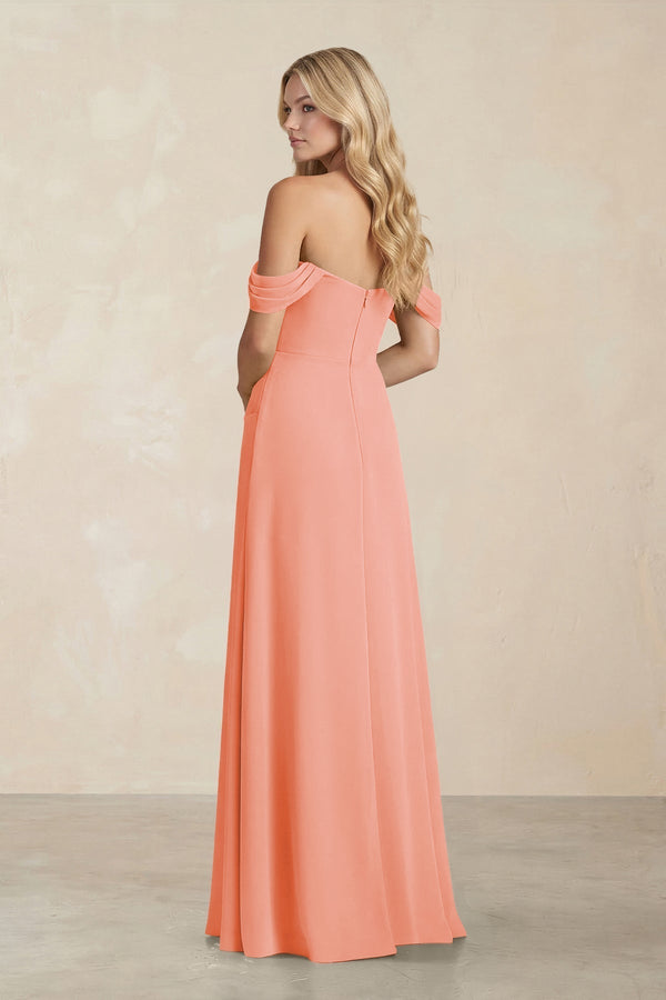 Off - the - Shoulder Corset Sheath Chiffon Bridesmaid Dress in Rosette - KissProm Bridesmaid Dresses