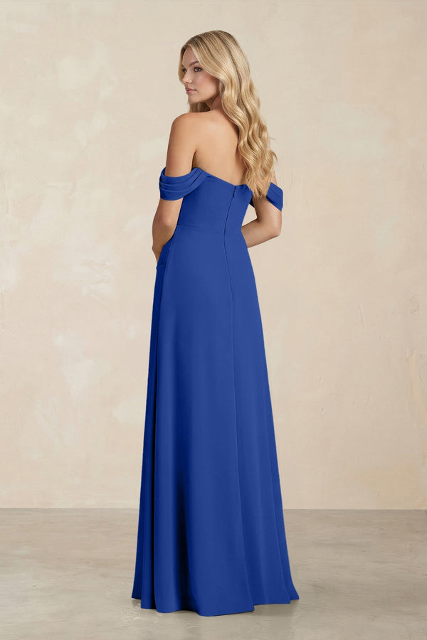 Off - the - Shoulder Corset Sheath Chiffon Bridesmaid Dress in Royal Blue - KissProm Bridesmaid Dresses