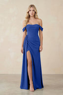 Off - the - Shoulder Corset Sheath Chiffon Bridesmaid Dress in Royal Blue - KissProm Bridesmaid Dresses