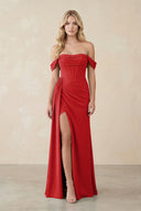 Off - the - Shoulder Corset Sheath Chiffon Bridesmaid Dress in Ruby Red - KissProm Bridesmaid Dresses