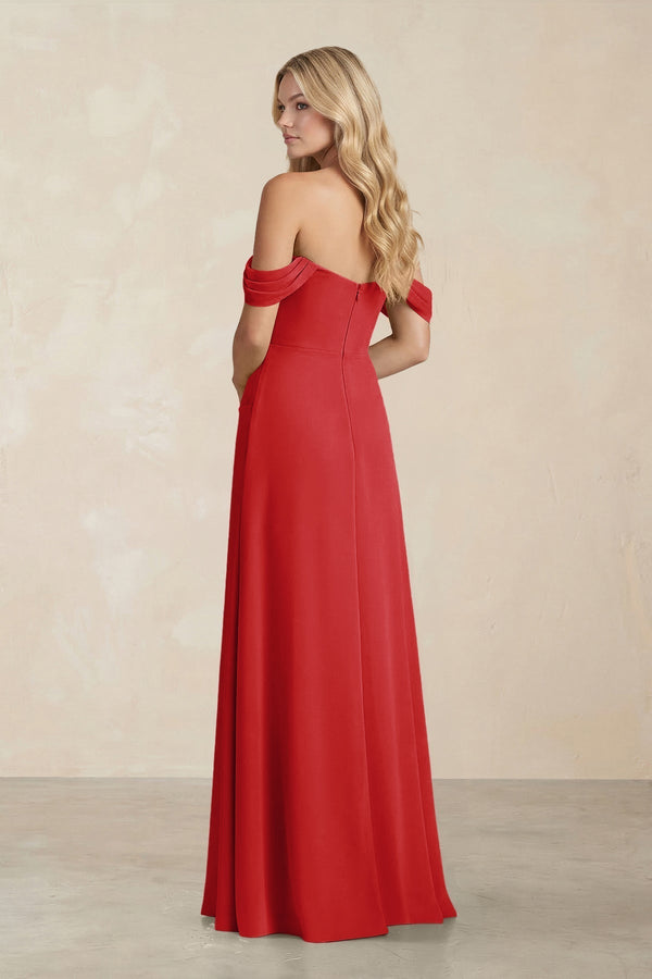 Off - the - Shoulder Corset Sheath Chiffon Bridesmaid Dress in Ruby Red - KissProm Bridesmaid Dresses