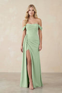 Off - the - Shoulder Corset Sheath Chiffon Bridesmaid Dress in Sage - KissProm Bridesmaid Dresses