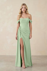 Off - the - Shoulder Corset Sheath Chiffon Bridesmaid Dress in Sage - KissProm Bridesmaid Dresses
