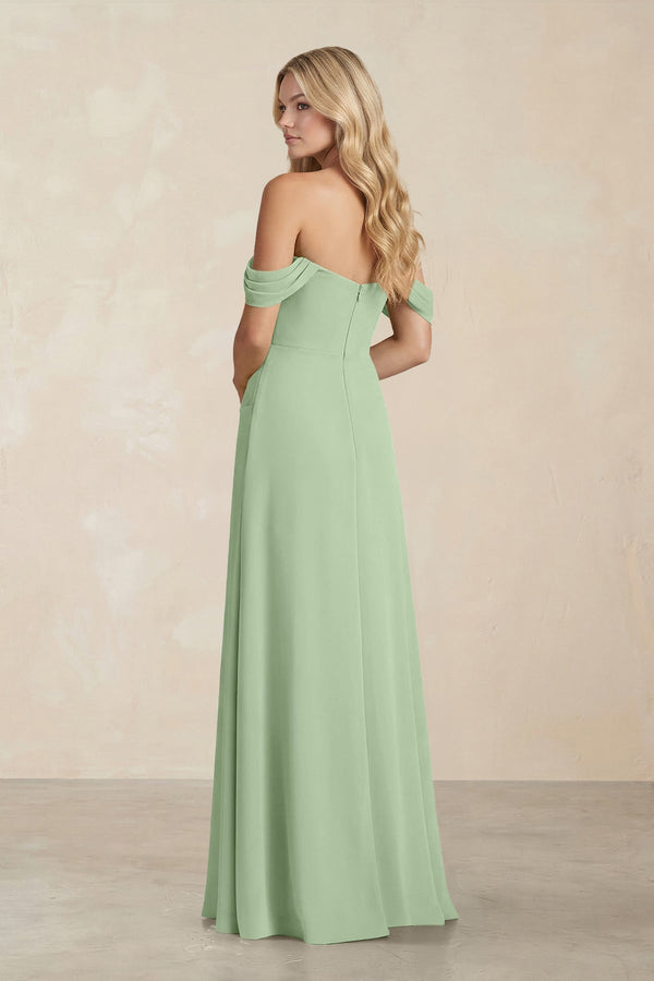 Off - the - Shoulder Corset Sheath Chiffon Bridesmaid Dress in Sage - KissProm Bridesmaid Dresses