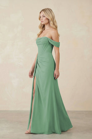 Off - the - Shoulder Corset Sheath Chiffon Bridesmaid Dress in Sea Glass - KissProm Bridesmaid Dresses