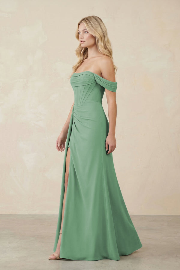 Off - the - Shoulder Corset Sheath Chiffon Bridesmaid Dress in Sea Glass - KissProm Bridesmaid Dresses