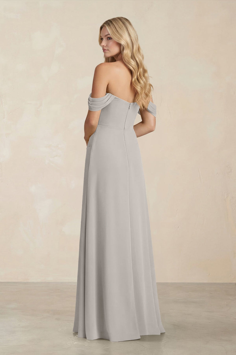 Off - the - Shoulder Corset Sheath Chiffon Bridesmaid Dress in Silver - KissProm Bridesmaid Dresses