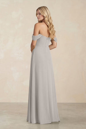 Off - the - Shoulder Corset Sheath Chiffon Bridesmaid Dress in Silver - KissProm Bridesmaid Dresses