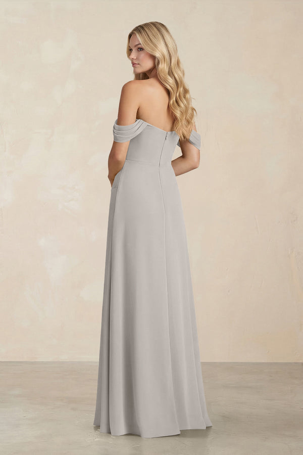 Off - the - Shoulder Corset Sheath Chiffon Bridesmaid Dress in Silver - KissProm Bridesmaid Dresses