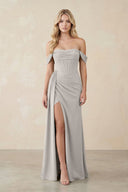 Off - the - Shoulder Corset Sheath Chiffon Bridesmaid Dress in Silver - KissProm Bridesmaid Dresses