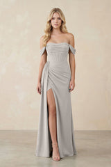 Off - the - Shoulder Corset Sheath Chiffon Bridesmaid Dress in Silver - KissProm Bridesmaid Dresses