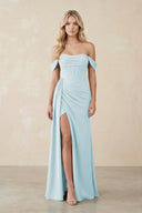 Off - the - Shoulder Corset Sheath Chiffon Bridesmaid Dress in Sky Blue - KissProm Bridesmaid Dresses
