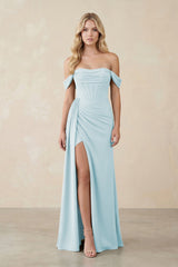 Off - the - Shoulder Corset Sheath Chiffon Bridesmaid Dress in Sky Blue - KissProm Bridesmaid Dresses