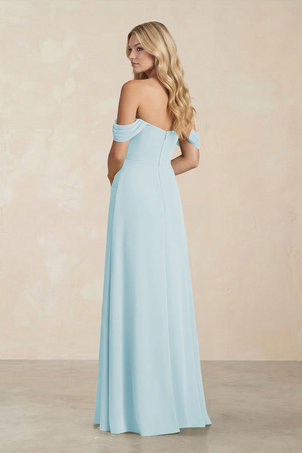 Off - the - Shoulder Corset Sheath Chiffon Bridesmaid Dress in Sky Blue - KissProm Bridesmaid Dresses