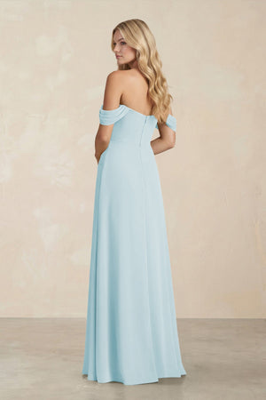 Off - the - Shoulder Corset Sheath Chiffon Bridesmaid Dress in Sky Blue - KissProm Bridesmaid Dresses