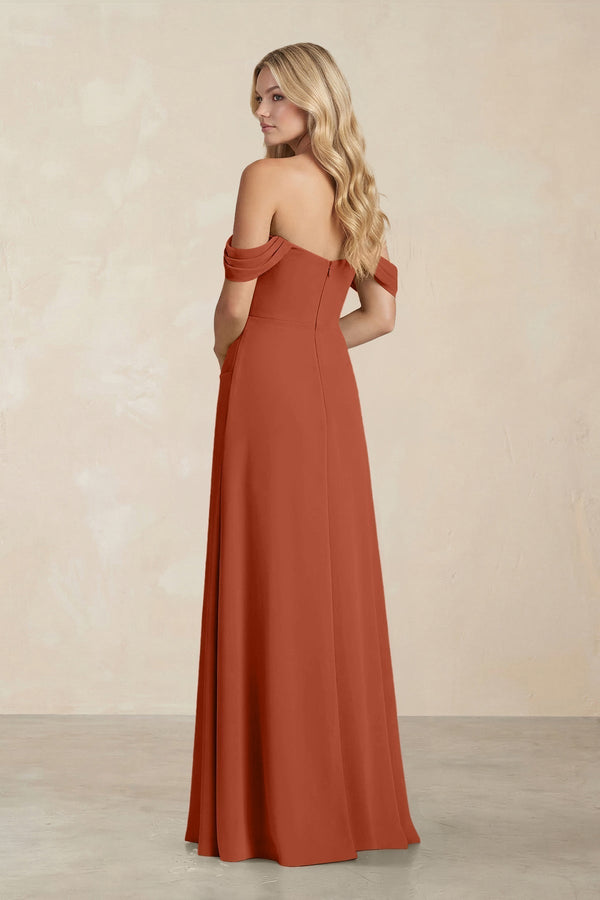Off - the - Shoulder Corset Sheath Chiffon Bridesmaid Dress in Spice - KissProm Bridesmaid Dresses