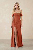 Off - the - Shoulder Corset Sheath Chiffon Bridesmaid Dress in Spice - KissProm Bridesmaid Dresses
