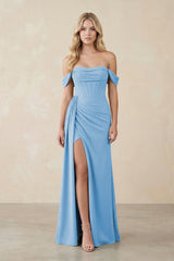 Off - the - Shoulder Corset Sheath Chiffon Bridesmaid Dress in Steel Blue - KissProm Bridesmaid Dresses