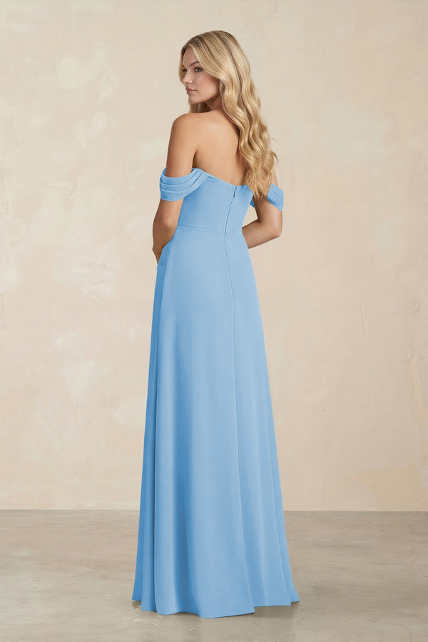 Off - the - Shoulder Corset Sheath Chiffon Bridesmaid Dress in Steel Blue - KissProm Bridesmaid Dresses