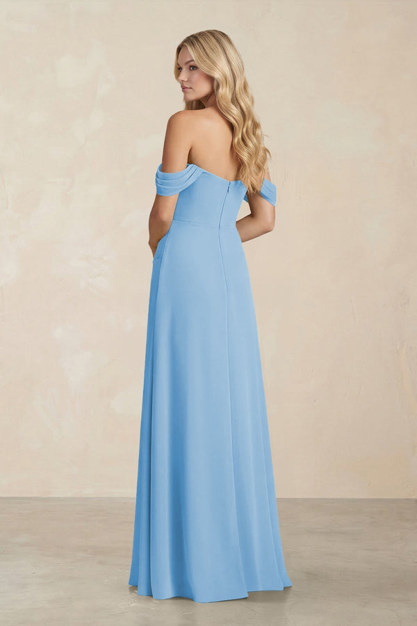 Off - the - Shoulder Corset Sheath Chiffon Bridesmaid Dress in Steel Blue - KissProm Bridesmaid Dresses