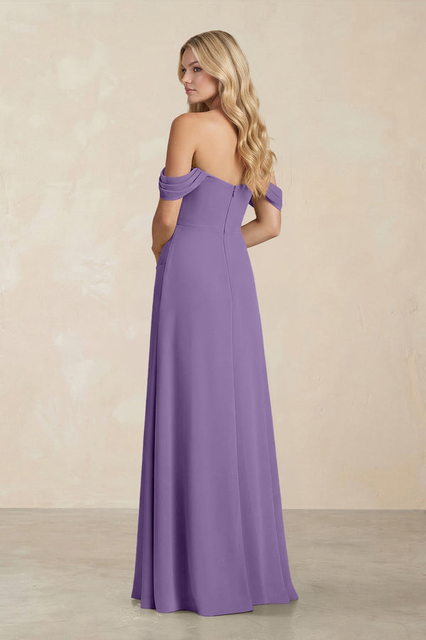 Off - the - Shoulder Corset Sheath Chiffon Bridesmaid Dress in Tahiti - KissProm Bridesmaid Dresses