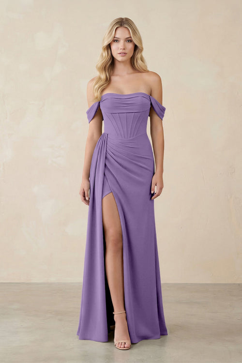 Off - the - Shoulder Corset Sheath Chiffon Bridesmaid Dress in Tahiti - KissProm Bridesmaid Dresses