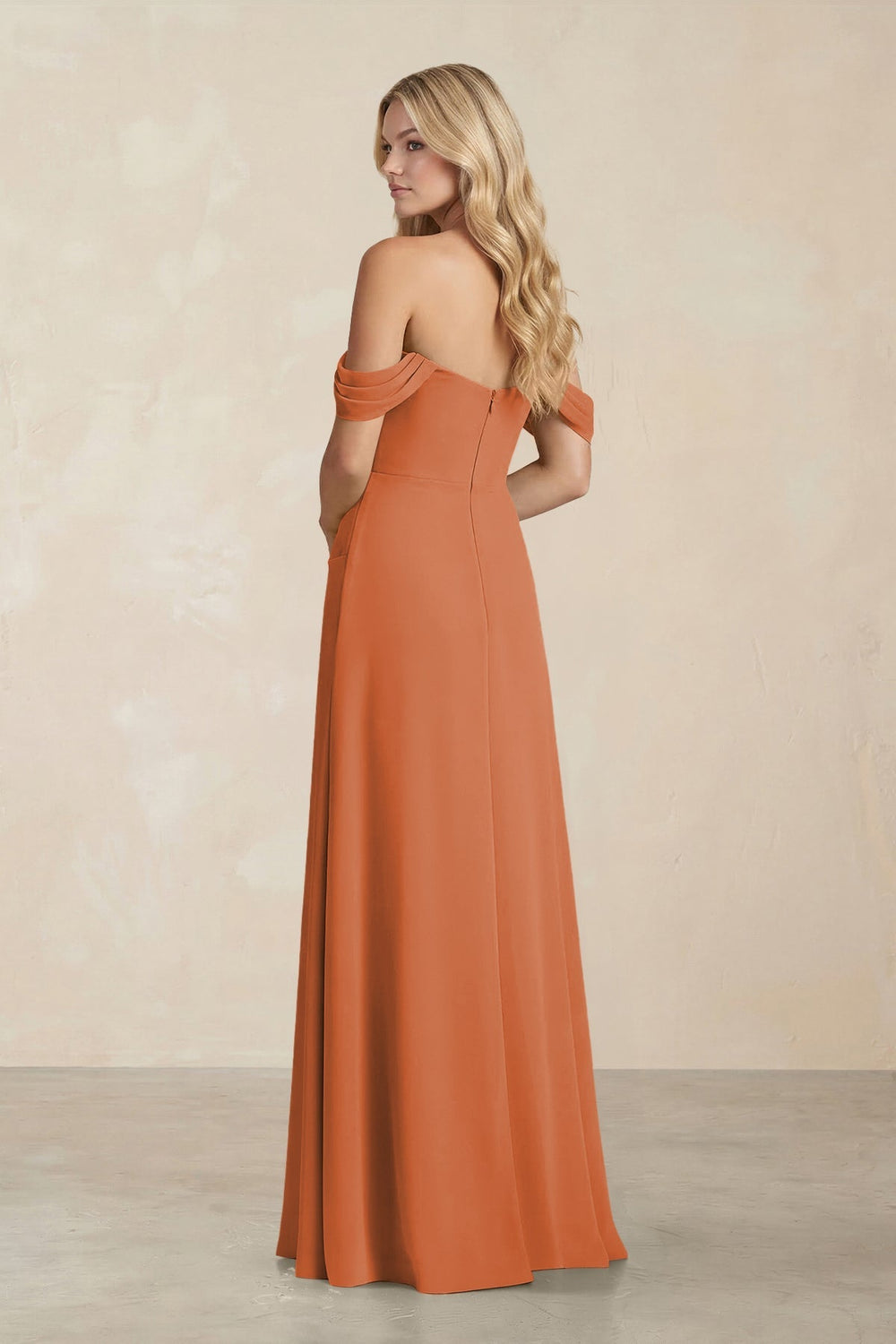Off - the - Shoulder Corset Sheath Chiffon Bridesmaid Dress in Terracotta - KissProm Bridesmaid Dresses