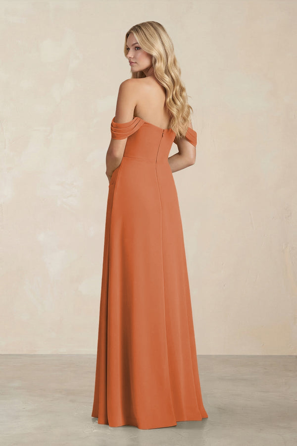 Off - the - Shoulder Corset Sheath Chiffon Bridesmaid Dress in Terracotta - KissProm Bridesmaid Dresses