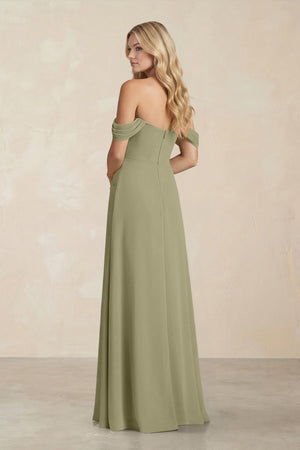 Off - the - Shoulder Corset Sheath Chiffon Bridesmaid Dress in Thyme - KissProm Bridesmaid Dresses
