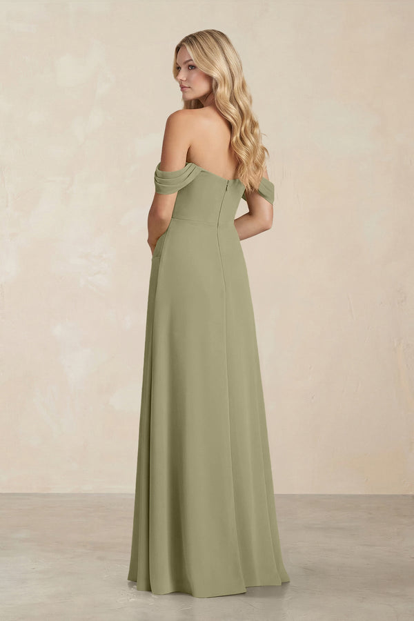 Off - the - Shoulder Corset Sheath Chiffon Bridesmaid Dress in Thyme - KissProm Bridesmaid Dresses