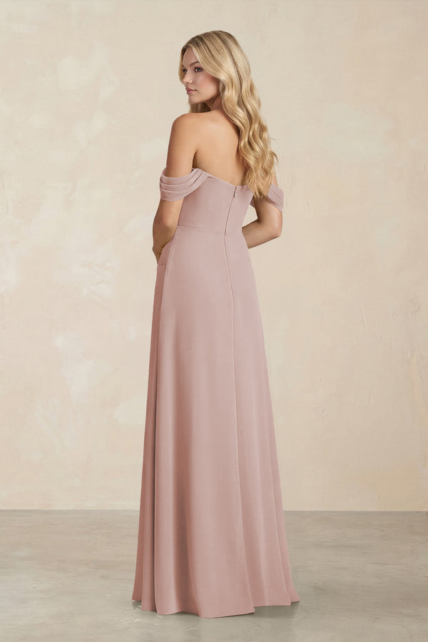 Off - the - Shoulder Corset Sheath Chiffon Bridesmaid Dress in Toffee - KissProm Bridesmaid Dresses