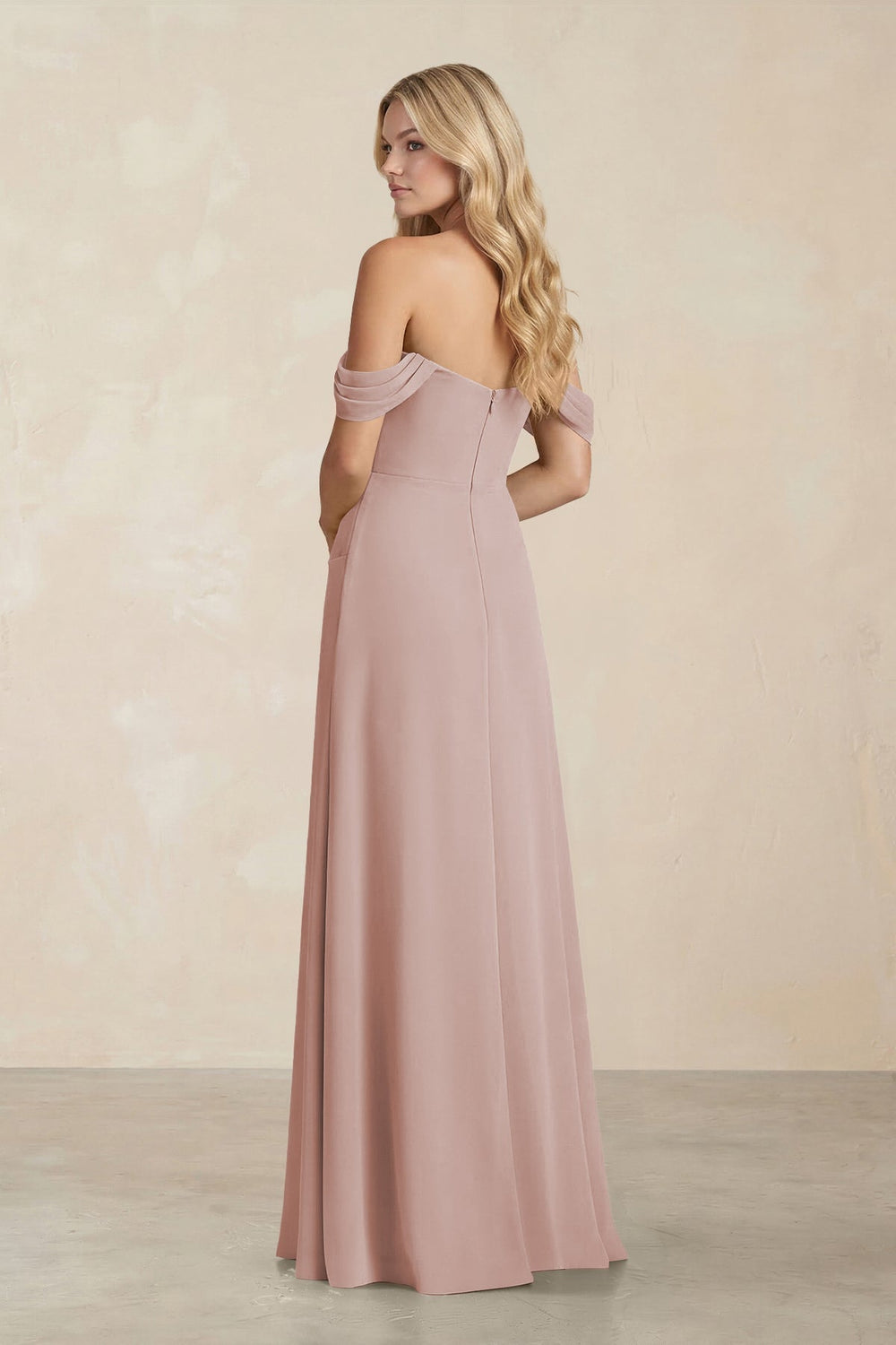 Off - the - Shoulder Corset Sheath Chiffon Bridesmaid Dress in Toffee - KissProm Bridesmaid Dresses