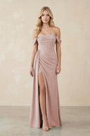 Off - the - Shoulder Corset Sheath Chiffon Bridesmaid Dress in Toffee - KissProm Bridesmaid Dresses