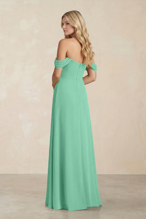 Off - the - Shoulder Corset Sheath Chiffon Bridesmaid Dress in Turquoise - KissProm Bridesmaid Dresses