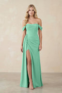 Off - the - Shoulder Corset Sheath Chiffon Bridesmaid Dress in Turquoise - KissProm Bridesmaid Dresses