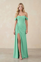 Off - the - Shoulder Corset Sheath Chiffon Bridesmaid Dress in Turquoise - KissProm Bridesmaid Dresses