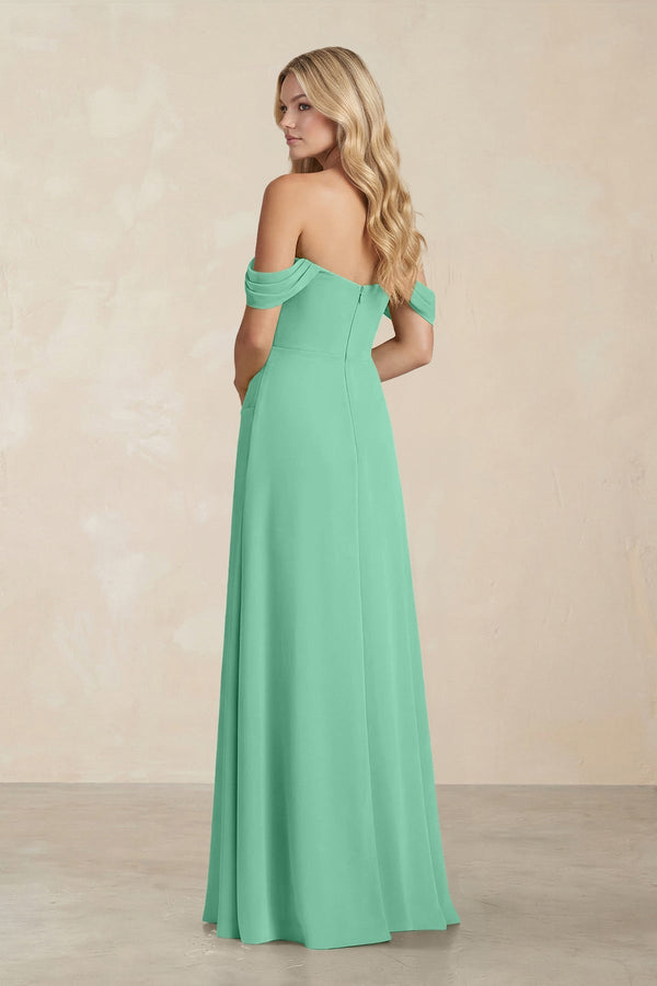 Off - the - Shoulder Corset Sheath Chiffon Bridesmaid Dress in Turquoise - KissProm Bridesmaid Dresses