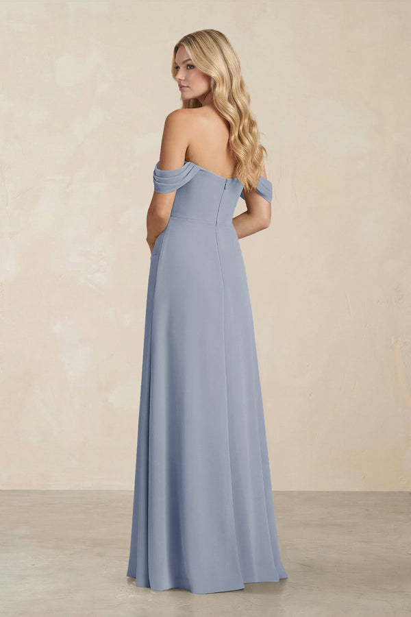 Off - the - Shoulder Corset Sheath Chiffon Bridesmaid Dress in Twilight - KissProm Bridesmaid Dresses