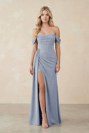 Off - the - Shoulder Corset Sheath Chiffon Bridesmaid Dress in Twilight - KissProm Bridesmaid Dresses