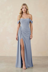 Off - the - Shoulder Corset Sheath Chiffon Bridesmaid Dress in Twilight - KissProm Bridesmaid Dresses