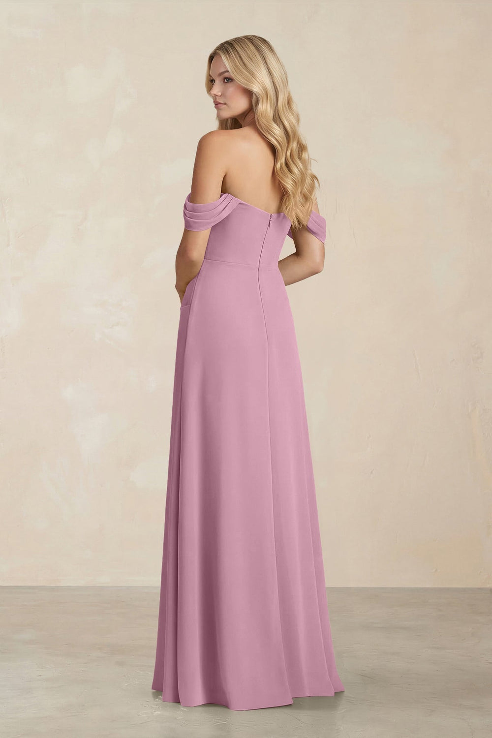 Off - the - Shoulder Corset Sheath Chiffon Bridesmaid Dress in Vintage Mauve - KissProm Bridesmaid Dresses