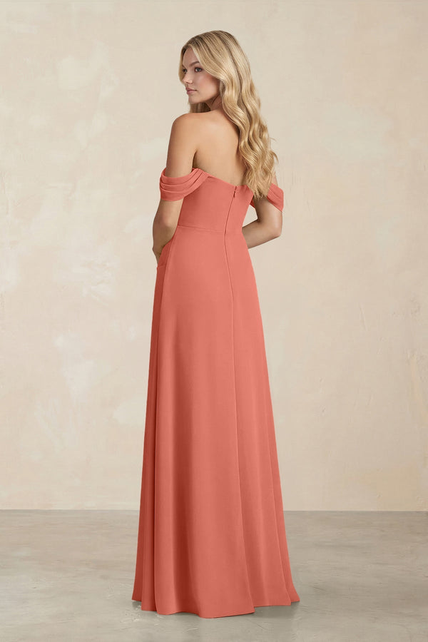 Off - the - Shoulder Corset Sheath Chiffon Bridesmaid Dress in Wild Rose - KissProm Bridesmaid Dresses