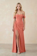 Off - the - Shoulder Corset Sheath Chiffon Bridesmaid Dress in Wild Rose - KissProm Bridesmaid Dresses