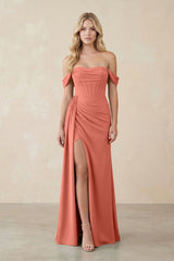 Off - the - Shoulder Corset Sheath Chiffon Bridesmaid Dress in Wild Rose - KissProm Bridesmaid Dresses